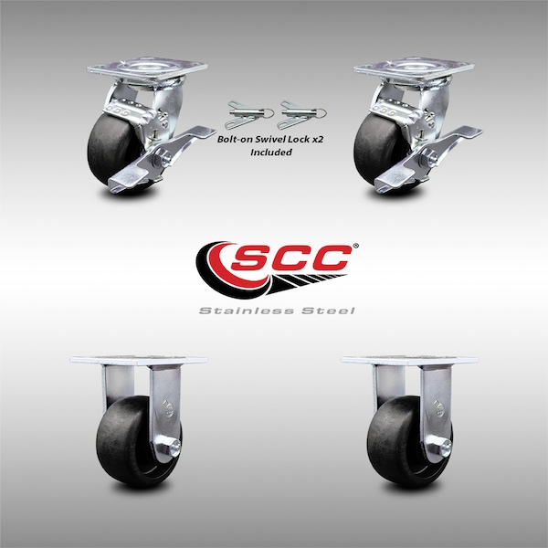 Service Caster 4 Inch SS Glass Filled Nylon Caster Set with 2 Brakes/Swivel Lock 2 Rigid SCC SCC-SS30S420-GFNB-TLB-BSL-2-R-2 - main